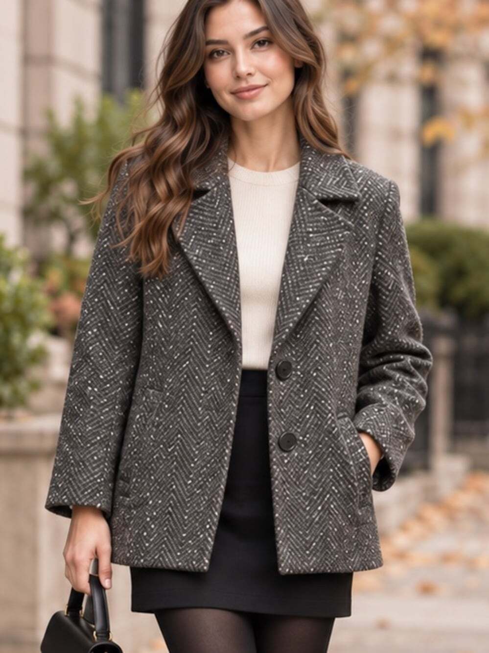 Vintage Collection Élégante Grey Herringbone Wool Blend Coat Size 8